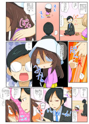 Rule 34 | !, !?, 1boy, 2girls, @ @, anger vein, angry, black-framed eyewear, black hair, black jacket, black pants, blonde hair, blue headwear, blush, brown hair, closed mouth, comic, commentary, commentary request, constricted pupils, crossed arms, dress shirt, english commentary, flying sweatdrops, formal, frown, full-face blush, girls und panzer, glasses, gloom (expression), half-closed eyes, hand on another&#039;s shoulder, hands on another&#039;s face, heart, highres, indian style, indoors, jacket, jinguu (4839ms), katyusha (girls und panzer), kindergarten uniform, long sleeves, looking at another, looking back, medium hair, mixed-language commentary, motion lines, multiple girls, opaque glasses, outside border, pants, pink jacket, pleated skirt, red eyes, semi-rimless eyewear, shirt, short hair, sitting, skirt, spoken exclamation mark, spoken interrobang, standing, suit, sweatdrop, swept bangs, translation request, tsuji renta, tulip hat, under-rim eyewear, v-shaped eyebrows, white shirt, wing collar, yellow skirt