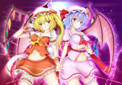 Rule 34 | 2girls, adapted costume, asymmetrical wings, bat wings, blonde hair, clothing cutout, dress, flandre scarlet, holding hands, hat, highres, interlocked fingers, light particles, light purple hair, long hair, looking at another, looking at viewer, mob cap, multiple girls, navel cutout, red dress, red eyes, remilia scarlet, short hair, side ponytail, sturm (arowana kingyo), touhou, wings, wrist cuffs
