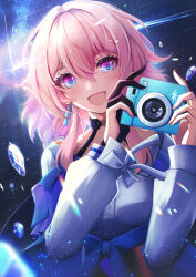 Rule 34 | 1girl, :d, absurdres, black choker, black gloves, blue eyes, blue jacket, blush, breasts, camera, check commentary, choker, commentary request, dead angels, earrings, gloves, hair between eyes, highres, holding, holding camera, honkai: star rail, honkai (series), jacket, jewelry, long sleeves, march 7th (honkai: star rail), medium breasts, medium hair, open mouth, partially fingerless gloves, pink eyes, pink hair, shirt, single earring, single glove, smile, solo, tied jacket, two-tone eyes, upper body, white shirt