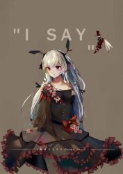 Rule 34 | 1girl, alternate costume, arknights, artist name, bow, collarbone, cowboy shot, dress, english text, flower, hair ornament, hairband, highres, ibm5100 (artist), long hair, red bow, red eyes, silver hair, simple background, solo, weedy (arknights)