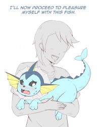 Rule 34 | :d, blush, character request, creatures (company), faceless, faceless male, game freak, gen 1 pokemon, holding, holding pokemon, i&#039;ll now proceed to pleasure myself with this fish (meme), jalm, meme, nintendo, open mouth, parody, pokemon, pokemon (creature), simple background, smile, vaporeon, white background, wide-eyed