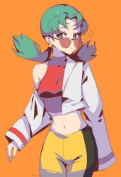 Rule 34 | 1girl, bike shorts, breasts, closed mouth, collarbone, commentary, creatures (company), cropped jacket, earrings, eyelashes, game freak, green eyes, green hair, highres, jacket, jewelry, kris (pokemon), long sleeves, looking over eyewear, looking over glasses, milka (milk4ppl), navel, nintendo, off shoulder, orange background, parted bangs, pokemon, pokemon gsc, red-tinted eyewear, red-tinted glasses, red shirt, shirt, signature, simple background, solo, sparkle, sunglasses, tinted eyewear, twintails, white jacket