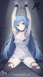 Rule 34 | 1girl, 2016, armpits, arms up, artist name, bdsm, black bra, black thighhighs, blue eyes, blue hair, blue panties, bondage, bound, bound wrists, bra, breasts, cleavage, collar, collarbone, copyright name, emori miku, full body, hair between eyes, hair ornament, heart, highres, indoors, large breasts, liver city, long hair, looking at viewer, miko (royal milk), panties, parted lips, restrained, see-through, shirt, sitting, sleeveless, sleeveless shirt, solo, striped clothes, striped panties, thighhighs, torn clothes, torn shirt, torn thighhighs, underwear, very long hair, wariza, watermark, web address, white panties