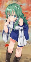 Rule 34 | 1girl, aqua eyes, arm ribbon, bare shoulders, bent over, blue ribbon, blue skirt, boots, breasts, brown footwear, commentary request, cross-laced footwear, detached sleeves, feet out of frame, frog hair ornament, green hair, hair ornament, hair tubes, hand up, highres, kochiya sanae, lace-up boots, leaf, legs, long hair, long sleeves, looking at viewer, medium breasts, miniskirt, monobe tsukuri, petticoat, polka dot, polka dot skirt, revision, ribbon, shirt, single sidelock, skirt, smile, snake hair ornament, solo, standing, touhou, unmoving pattern, wide sleeves