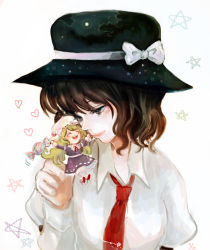 Rule 34 | 2girls, ^ ^, blonde hair, brown eyes, brown hair, candy, closed eyes, dress shirt, closed eyes, female focus, finger puppet, food, hat, heart, katari, maribel hearn, multiple girls, neckerchief, open mouth, puppet, shirt, skirt, smile, star (symbol), touhou, upper body, usami renko