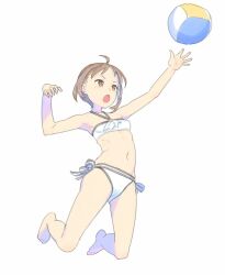 Rule 34 | 1girl, ball, barefoot, beachball, breasts, brown eyes, brown hair, enkyo yuuichirou, full body, hashimoto natsumi, navel, open mouth, short hair, simple background, small breasts, solo, summon night, swimsuit, white background
