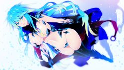 Rule 34 | 1girl, blue cape, boots, breasts, cape, crystal, eliza (gamma dimension), eyebrows hidden by hair, female focus, from above, game cg, gamma dimension: alpha &amp; beta fan disk, green eyes, groin, large breasts, legs, light smile, long hair, looking at viewer, multicolored hair, nanahoshi dentou, navel, original, revealing clothes, simple background, smile, solo, standing, thigh boots, thighs, two-tone hair, wavy hair, white background