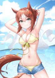 Rule 34 | 1girl, absurdres, animal ears, armpits, arms behind head, arms up, bare shoulders, bikini, bikini under clothes, blue sky, blush, breasts, brown hair, cleavage, closed mouth, cloud, clover hair ornament, collarbone, commentary, cowboy shot, day, denim, denim shorts, fine motion (umamusume), front-tie bikini top, front-tie top, green eyes, hair between eyes, hair bun, hair ornament, hair ribbon, highres, horse ears, horse girl, horse tail, jacket, looking at viewer, medium breasts, multicolored hair, navel, ocean, open fly, outdoors, radoremo, ribbon, see-through, see-through jacket, short shorts, shorts, sidelocks, single hair bun, sky, smile, solo, standing, stomach, swimsuit, tail, two-tone hair, umamusume, unworn jacket, white hair, yellow bikini