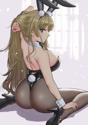 Rule 34 | 1girl, animal ears, ass, azur lane, blonde hair, blue eyes, commentary, commentary request, cuff links, fake animal ears, full body, high heels, highres, kneeling, long hair, looking at viewer, looking back, north carolina (azur lane), north carolina (the heart&#039;s desire) (azur lane), official alternate costume, ooshima aki, pantyhose, playboy bunny, rabbit ears, rabbit tail, smile, solo, tail