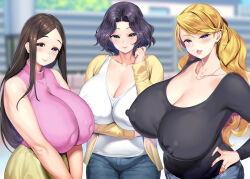 Rule 34 | 1girl, arm under breasts, black hair, black shirt, blonde hair, blue pants, blurry, blurry background, breasts, brown skirt, cardigan, cleavage, closed mouth, collarbone, covered erect nipples, day, denim, earrings, fence, hakai shin, highres, house, huge breasts, impossible clothes, impossible shirt, inverted nipples, jeans, jewelry, lips, long hair, looking at viewer, mature female, nail polish, necklace, non-web source, original, outdoors, pants, parted lips, pink sweater, puffy nipples, ring, shirt, sidelocks, skirt, sleeveless, sleeveless sweater, smile, solo, standing, sweater, utility pole, white shirt, window, yellow cardigan