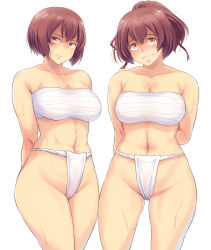 Rule 34 | 10s, 2girls, abs, arms behind back, bifidus, breasts, brown hair, cleavage, curvy, fundoshi, grin, hair ribbon, hyuuga (kancolle), ise (kancolle), japanese clothes, kantai collection, large breasts, looking at viewer, multiple girls, muscular, navel, ponytail, ribbon, sarashi, short hair, simple background, smile, sweat, thighs, white background, wide hips, yellow eyes
