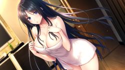 Rule 34 | 1girl, :o, azarashi soft, black hair, blue eyes, blush, boku to kanojo no kojin lesson, breast suppress, breasts, cleavage, female focus, floating hair, from above, game cg, hands on own chest, hands up, highres, hinazuka ryou, indoors, large breasts, legs, light blush, long hair, looking at viewer, naked towel, parted bangs, parted lips, solo, standing, thighs, towel, tsukimori misaki, white towel