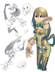 Rule 34 | 1girl, asui tsuyu, bodysuit, boku no hero academia, boots, frog girl, goggles, goggles on head, green bodysuit, long hair, long tongue, looking at viewer, low-tied long hair, solo, thigh boots, thighhighs, tongue