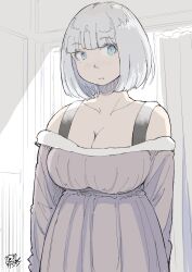 Rule 34 | 1girl, arms at sides, blue eyes, blush, bob cut, breasts, cleavage, curtains, dated, dress, grey dress, hadashi no kenji, highres, indoors, large breasts, original, upper body