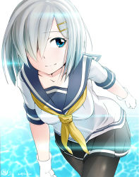 Rule 34 | 10s, 1girl, 2015, 32. (32 sats), black pantyhose, blue eyes, breasts, collarbone, cowboy shot, dated, gloves, gradient background, hair ornament, hair over one eye, hairclip, hamakaze (kancolle), kantai collection, leaning forward, lens flare, lens flare abuse, looking at viewer, medium breasts, miniskirt, neckerchief, pantyhose, pleated skirt, school uniform, serafuku, short hair, short sleeves, signature, silver hair, skirt, smile, solo, water, white background, white gloves, yellow neckerchief