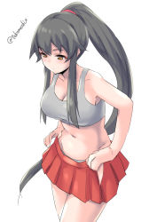 Rule 34 | 1girl, black hair, blush, breasts, cleavage, collarbone, cowboy shot, grey tank top, groin, hair between eyes, highres, kantai collection, large breasts, long hair, navel, one-hour drawing challenge, orange eyes, pleated skirt, ponytail, red skirt, simple background, skirt, solo, takomeshi, tank top, twitter username, very long hair, white background, yahagi (kancolle)