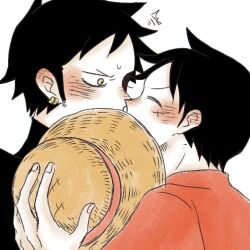 Rule 34 | 2boys, black hair, blush, closed eyes, earrings, full-face blush, hat, holding, holding clothes, holding hat, implied kiss, jewelry, looking at another, male focus, monkey d. luffy, multiple boys, nikuo2902, one piece, scar, scar on face, shirt, short hair, straw hat, sweatdrop, trafalgar law, yaoi, yellow eyes