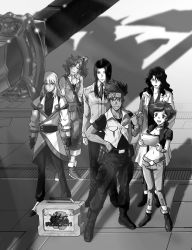 Rule 34 | 3boys, 3girls, 8 (gundam seed astray), breasts, character request, cleavage, collared shirt, cropped jacket, greyscale, gundam, gundam seed, gundam seed astray, hair between eyes, head tilt, headband, highres, holding, holding wrench, jacket, kisato yamabuki, liam garfield, long hair, looking up, lowe guele, midriff, monochrome, multiple boys, multiple girls, navel, necktie, shirt, side ponytail, small breasts, smile, the professor (gundam seed astray), tokita kouichi, v-shaped eyebrows, wrench