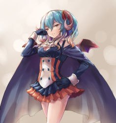 Rule 34 | 1girl, aoyuki, black cape, black gloves, black skirt, blue hair, breasts, brown eyes, cape, cleavage, frown, gloves, gradient hair, hand on own hip, hand up, horns, lapis (sennen sensou aigis), looking at viewer, medium breasts, multicolored hair, orange skirt, sennen sensou aigis, short hair, simple background, skirt, solo, standing, wings, wrist cuffs