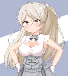 Rule 34 | 1girl, breasts, brown eyes, cleavage cutout, clothing cutout, conte di cavour (kancolle), conte di cavour nuovo (kancolle), corset, dress, gloves, grey dress, hands on own hips, kantai collection, large breasts, layered dress, long hair, shirou (amato shirou), silver hair, sleeveless, sleeveless dress, smile, solo, two-tone dress, two side up, upper body, white dress, white gloves