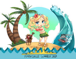 Rule 34 | 1girl, 2021, alternate costume, blonde hair, blue eyes, blush, breasts, chibi, coconut, coconut tree, copyright name, crab, dancing, drill hair, enemy naval mine (kancolle), flower, flower necklace, grass skirt, hair flower, hair ornament, headgear, hibiscus, honolulu (kancolle), hula, instrument, jewelry, kantai collection, large breasts, lei, long hair, necklace, open mouth, osananajimi neko, palm tree, red flower, surfboard, tentacles, tree, twin drills, ukulele, water