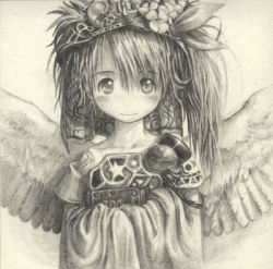 Rule 34 | 1girl, angel wings, armor, blush, closed mouth, greyscale, long hair, looking at viewer, lowres, monochrome, original, ribbon, sketch, smile, solo, tsukushi akihito, upper body, wings