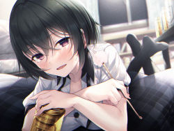 Rule 34 | 1girl, :d, beer can, black hair, black legwear, blue eyes, blush, breasts, buttons, can, collared shirt, drink can, hasumi (hasubatake39), highres, holding, holding can, huge filesize, indoors, looking at viewer, lying, medium breasts, mimikaki, on stomach, open mouth, original, pillow, purple eyes, shirt, short hair, short sleeves, smile, solo