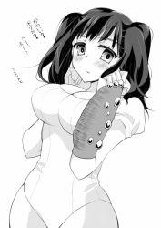Rule 34 | 10s, 1girl, adjusting clothes, bad id, bad pixiv id, blush, breasts, cleavage, cowboy shot, diane (nanatsu no taizai), dress, elbow gloves, fingerless gloves, giant, giantess, gloves, greyscale, hands up, hip focus, large breasts, leotard, long hair, looking at viewer, miyamoto rizu, monochrome, nanatsu no taizai, parted lips, short hair, short twintails, simple background, single elbow glove, solo, thighs, translated, twintails, white background