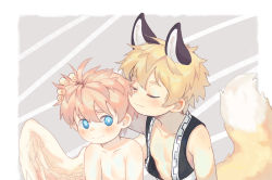 Rule 34 | 2boys, animal ears, blonde hair, blue eyes, blush, bokustar fox, closed eyes, extra ears, fox boy, fox ears, fox tail, hair between eyes, hand on another&#039;s head, highres, looking at another, looking to the side, male focus, multiple boys, nipples, original, smelling hair, tail, vest, wings