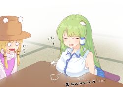 Rule 34 | 2girls, puff of air, bare shoulders, blonde hair, blue skirt, breast rest, breasts, breasts on table, closed eyes, frog hair ornament, green hair, hair ornament, hair tubes, hat, kanpa (campagne 9), kochiya sanae, large breasts, leaning forward, long hair, moriya suwako, multiple girls, open mouth, pleated skirt, purple vest, sanpaku, simple background, skirt, table, tatami, tongue, tongue out, touhou, turtleneck, vest, wide-eyed