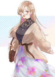 Rule 34 | 1girl, absurdres, aodake (winter1517), bag, belt, bespectacled, blonde hair, blush, breasts, brown belt, commentary request, earrings, fang, floral print, glasses, hair between eyes, highres, jewelry, lace, large breasts, long hair, long sleeves, looking at viewer, necklace, nijisanji, nui sociere, nui sociere (4th costume), open mouth, round eyewear, simple background, skin fang, skirt, solo, virtual youtuber, yellow eyes
