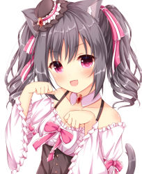 Rule 34 | 1girl, :d, animal ear fluff, animal ears, bad id, bad pixiv id, black hair, blush, bow, breasts, brown hat, cat ears, cat girl, cat tail, cleavage, collar, collarbone, commentary request, detached collar, fang, hair between eyes, hair bow, hands up, hat, head tilt, idolmaster, idolmaster cinderella girls, idolmaster cinderella girls starlight stage, kanzaki ranko, kedama (kedama akaza), kemonomimi mode, long hair, long sleeves, looking at viewer, mini hat, off-shoulder shirt, off shoulder, open mouth, paw pose, purple eyes, red bow, ringlets, shirt, simple background, skin fang, small breasts, smile, solo, tail, tail raised, tilted headwear, twintails, upper body, white background, white collar, white shirt, wide sleeves