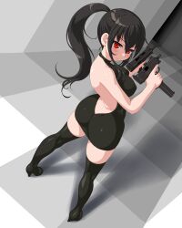 Rule 34 | 1girl, ass, bare shoulders, black dress, black hair, boots, breasts, dd (ijigendd), dress, dual wielding, gun, highres, holding, large breasts, long hair, looking at viewer, looking back, original, ponytail, sleeveless, sleeveless turtleneck dress, smile, solo, submachine gun, thigh boots, trigger discipline, turtleneck, turtleneck dress, uzi, weapon