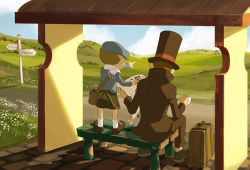 Rule 34 | 00s, 2boys, bench, briefcase, bus stop, cabbie hat, carolyn gan, child, cloud, cup, drink, hat, hershel layton, level-5, luke triton, meadow, multiple boys, newspaper, outdoors, pointing, professor layton, road, road sign, scarf, shadow, sign, sitting, sky, standing, tea, teacup, top hat