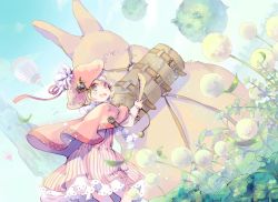 Rule 34 | 1girl, :d, aircraft, animal, backpack, bag, blue eyes, blue sky, blush, rabbit, capelet, day, dress, dutch angle, flower, fur trim, grass, hat, hot air balloon, kuga tsukasa, looking at viewer, meadow, open mouth, original, outdoors, oversized animal, pink capelet, pink dress, short hair, silver hair, sky, smile, solo