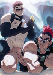 Rule 34 | 2boys, abs, ass, bandaid, bandaid on face, bandaid on nose, bara, black gloves, black hair, closed mouth, crossed arms, earrings, gloves, holding, jewelry, kill la kill, kinagase tsumugu, large pectorals, male focus, mohawk, multicolored hair, multiple boys, muscular, muscular male, navel, nipples, pectorals, protected link, red hair, schizoid, short hair, sunglasses, thighs, two-tone hair, yaoi