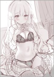 1girl, bangs, blush, border, bow, braid, breasts, cleavage, closed mouth, collared shirt, commentary request, curtains, eyebrows visible through hair, grey border, hair bow, hands up, indoors, kujou danbo, long hair, long sleeves, looking at viewer, medium breasts, monochrome, navel, on bed, open clothes, open skirt, original, panties, shirt, side-tie panties, sitting, sketch, skirt, skirt pull, solo, spot color, thighhighs, underwear, very long hair, window