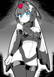 Rule 34 | 1girl, absurdres, android, armor, blue eyes, blush, buzzlyears, cowboy shot, crop top, fairy leviathan (mega man), forehead jewel, helmet, highres, looking at viewer, mega man (series), mega man zero (series), monochrome, robot girl, solo, spot color