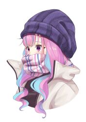 Rule 34 | 1girl, alternate costume, beanie, black sweater, blue hair, blunt bangs, blush, brown coat, coat, covered mouth, cropped torso, hat, highres, hololive, long hair, minato aqua, multicolored hair, pink scarf, purple eyes, purple hair, purple hat, ribbed sweater, scarf, simple background, solo, streaked hair, striped clothes, striped scarf, suzuushi, sweater, upper body, virtual youtuber, white background