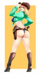 Rule 34 | 1girl, absurdres, ass, blouse, breasts, cowboy hat, dead or alive, green shirt, hand on own hip, hat, highres, large breasts, shirt, simple background, solo, thighs, thong, tina armstrong, yellow background