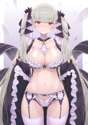 Rule 34 | 1girl, azur lane, bare shoulders, between breasts, black bra, black choker, black nails, blush, bra, breasts, choker, cleavage, commentary request, cowboy shot, crystal shoujo, dress, flight deck, floral background, formidable (azur lane), frilled bra, frilled dress, frills, garter belt, gradient background, grey hair, groin, hair ribbon, hands up, highres, large breasts, lingerie, long hair, looking at viewer, nail polish, navel, panties, red eyes, revision, ribbon, shiny skin, sidelocks, skirt hold, solo, thighhighs, thighs, twintails, two-tone dress, two-tone ribbon, underwear, very long hair, white choker, white panties, white thighhighs