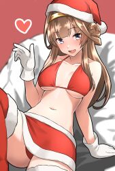 Rule 34 | 1girl, bikini, blush, breasts, brown hair, christmas, collarbone, fur-trimmed thighhighs, fur trim, furaggu (frag 0416), gloves, hat, heart, highres, kantai collection, kongou (kancolle), large breasts, long hair, looking at viewer, navel, open mouth, pom pom (clothes), purple eyes, red bikini, red hat, red thighhighs, santa bikini, santa hat, smile, solo, swimsuit, thighhighs, white gloves