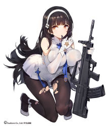 Rule 34 | 1girl, accessories, ankle ribbon, assault rifle, between breasts, black hair, black pantyhose, breast press, breasts, brown eyes, bullpup, covered erect nipples, dress, eyebrows, flower, full body, girls&#039; frontline, gloves, gun, hair flower, hair ornament, hairband, holding, holding gun, holding weapon, impossible clothes, kishiyo, large breasts, leg ribbon, long hair, looking at viewer, necktie, official art, pantyhose, qbz-95, ribbon, rifle, simple background, solo, squatting, symbol, torn clothes, torn pantyhose, type 95 (girls&#039; frontline), very long hair, watermark, weapon, white background, white dress, white gloves, white hairband