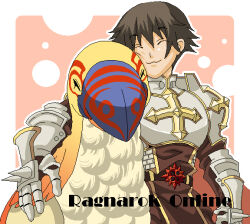 Rule 34 | 1boy, animal, armor, bird, breastplate, brown hair, cape, chainmail, closed eyes, closed mouth, commentary request, copyright name, cowboy shot, cross, gauntlets, hug, lord knight (ragnarok online), oekaki, oversized animal, pauldrons, peco peco, ragnarok online, red cape, short hair, shoulder armor, smile, spiked gauntlets, tabard, tokixwaa, upper body