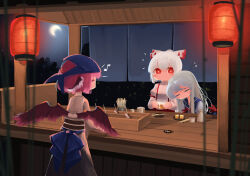 Rule 34 | 3girls, absurdres, alternate costume, animal ears, bandana, bird ears, bird wings, blue bow, blue dress, blue headwear, blunt bangs, blush stickers, bottle, bow, bright pupils, chopsticks, closed eyes, coin, commentary, crescent, cup, dress, drinking glass, eighth note, feathered wings, fireflies, food, food stand, fujiwara no mokou, grey hair, grey shirt, grey skirt, hair bow, hat, unworn hat, head on another&#039;s shoulder, unworn headwear, highres, holding, holding cup, kamishirasawa keine, lantern, leaning on person, long hair, long sleeves, moon, multiple girls, musical note, mystia lorelei, neckerchief, night, night sky, no mouth, obi, okamisty, pants, paper lantern, pink hair, pink wings, plate, ponytail, puffy short sleeves, puffy sleeves, red eyes, red neckerchief, red pants, sash, shirt, short hair, short sleeves, sitting, skirt, sky, squeans, sleepy, standing, star (sky), starry sky, suspenders, sweet reverie, swept bangs, tokin hat, touhou, tree, waist bow, white bow, white hair, white pupils, white shirt, white sleeves, wings