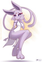 Rule 34 | 1girl, animal ears, animal nose, bare shoulders, body fur, breasts, closed mouth, clothed pokemon, clothing request, colored sclera, creatures (company), english text, espeon, eyelashes, forked tail, full body, furry, furry female, game freak, gen 2 pokemon, looking at viewer, medium breasts, medium hair, nintendo, original, patreon logo, patreon username, pokemon, pokemon (creature), purple eyes, purple fur, purple hair, purple sclera, rilex lenov, simple background, solo, tail, watermark, web address, white background