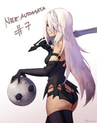 Rule 34 | 1girl, android, armlet, ass, bare shoulders, black shorts, blue eyes, elbow gloves, gloves, highres, joints, long hair, mole, mole under mouth, nier:automata, nier (series), over shoulder, phrecklesart, robot joints, short shorts, shorts, solo, sword, sword over shoulder, tank top, type-4o sword, weapon, weapon over shoulder, white background, white hair, a2 (nier:automata)