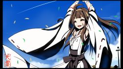 Rule 34 | &gt;:d, 10s, 1girl, :d, ahoge, arms up, bandaged hand, bandages, bandaid, bandaid on face, border, brown hair, detached sleeves, closed eyes, headgear, heavens thunder (byakuya-part2), highres, kantai collection, kongou (kancolle), long hair, nontraditional miko, open mouth, ribbon-trimmed sleeves, ribbon trim, smile, solo, v-shaped eyebrows