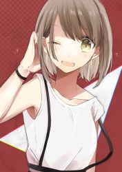 Rule 34 | 1girl, absurdres, bob cut, bracelet, brown eyes, brown hair, collarbone, fang, hachimitsu honey, hand in own hair, highres, jewelry, looking at viewer, nail polish, one eye closed, open mouth, original, red background, red nails, shirt, short hair, sleeveless, sleeveless shirt, solo, suspenders, tank top, upper body, white shirt