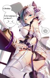 Rule 34 | 1girl, anal tail, aqua eyes, ass, azur lane, black hair, blush, breasts, butt crack, cheshire (azur lane), commentary, detached sleeves, dress, english commentary, english text, fake tail, fang, frills, from behind, garter straps, hairband, heaven&#039;s melody, high heels, highres, large breasts, looking at viewer, looking back, lowleg, lowleg panties, maid headdress, multicolored hair, panties, purple panties, ribbon, solo, streaked hair, tail, thighhighs, thighs, underwear, white thighhighs, wrist cuffs